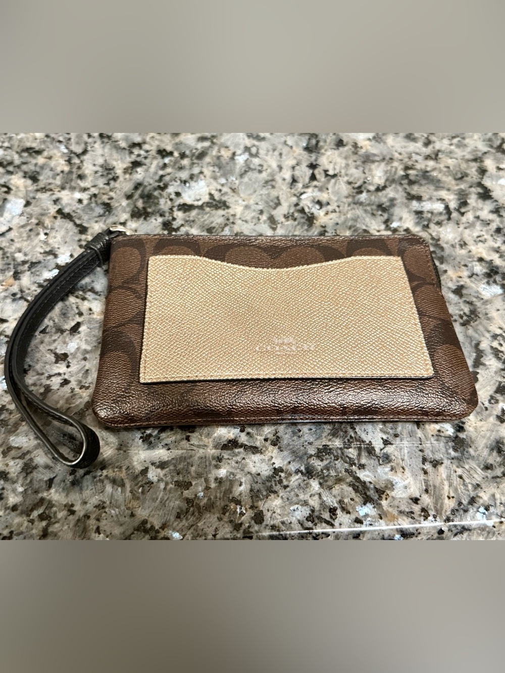 Coach Brown Signature Canvas Wristlet with Cream Leather Card Slot
